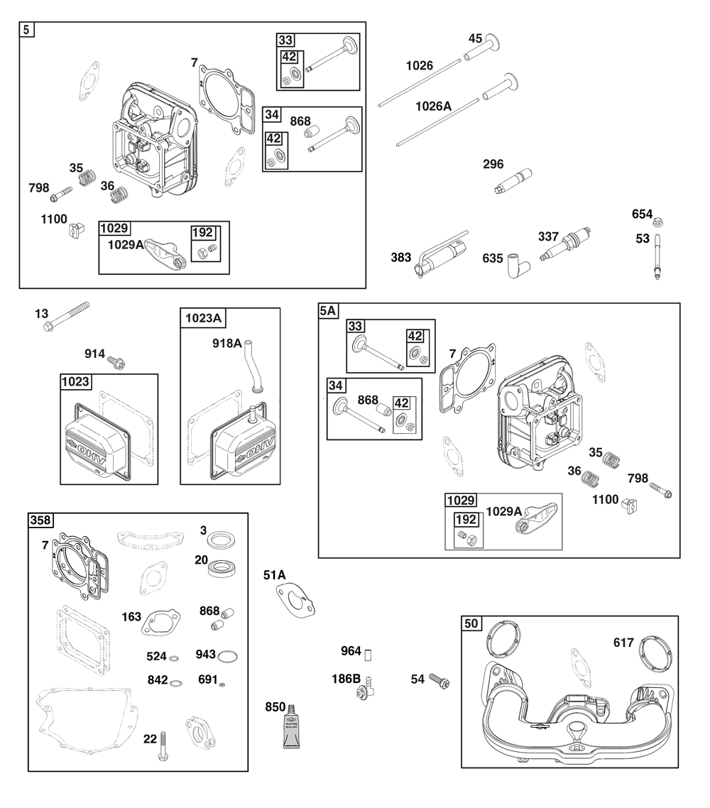 Cylinder Head Group Diagram and Parts List for 44U577-0003-H5 400000 - 699999 Briggs and Stratton Engine